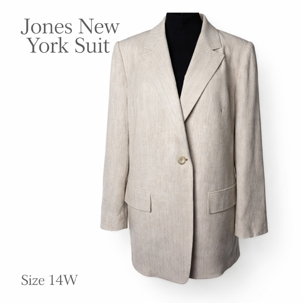 Jones New York 14W Cream Blazer Vintage Herringbone Plus Size Career Jacket
